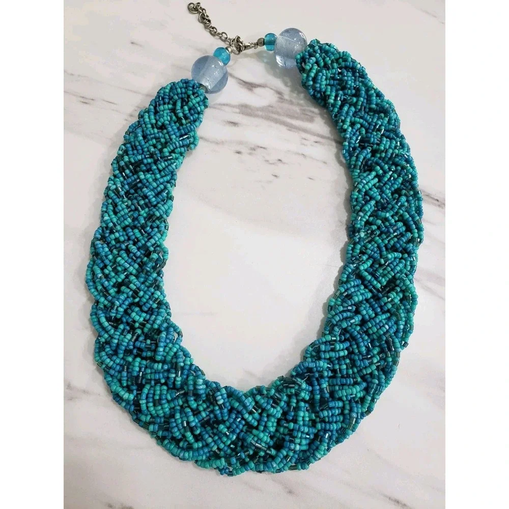 Blue Glass Seed Bead Necklace Braided Turquoise Colors‎ Boho Bohemian Chunky